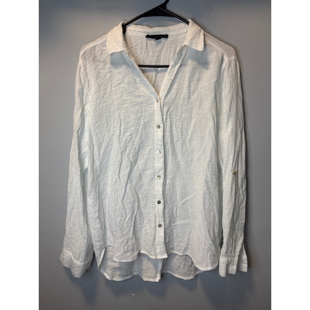 Jane + Delancey White Rayon Button Down Shirt Roll Tab Sleeve Womens Medium